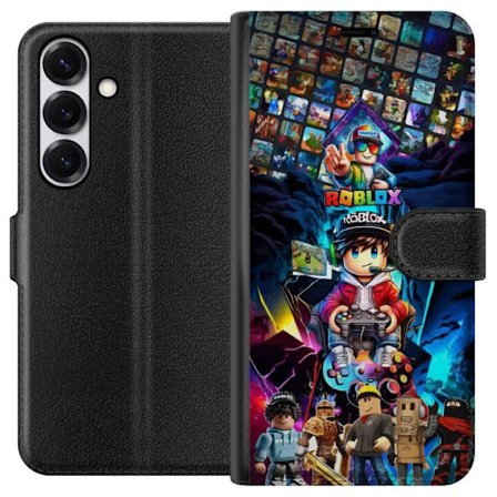 Yhteensopiva Lompakkokotelo Samsung Samsung Galaxy S25 Värikäs Roblox-kollaasi pelihahmoilla, ohjaimilla ja neonvaloilla - energinen pelisuunnittelu