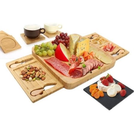 Ostebordsæt, ostebord med kniv- og gaffelsæt og skuffe, 1 skifer og 4 coasters