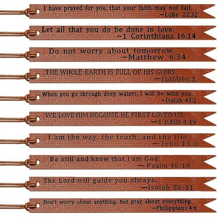 10 stk. Bibelbogmærke i læder med kristne citater, kristne gaver til mænd og kvinder, religiøse bogmærker med inspiration