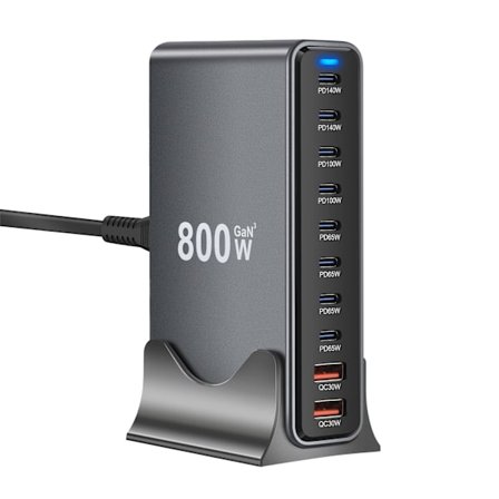 1 stk. 800W Hurtig Multi-Port Oplader, 10-Port Desktop Station, Universal USB-C Strømforsyning, Kompatibel med iPhone, Xiaomi, Standalone Laptops, 