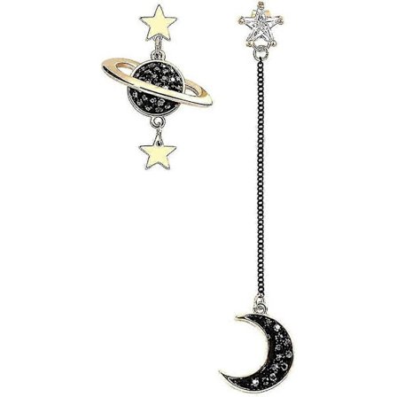 Asymmetriske sorte måne- og stjerne-øreringe forgyldt cubic zirconia sterlingsølv smykker til kvinder og piger mors dags gaver