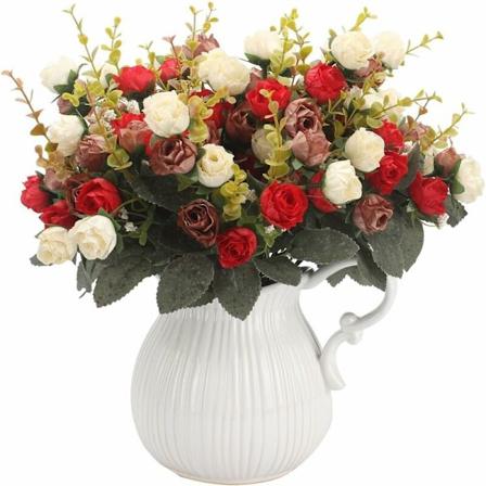 Konstgjord rosbukett, 7 stjälkar, 21 blommor, sidenblommor, idealisk dekoration 2 stjälkar röd kaffe