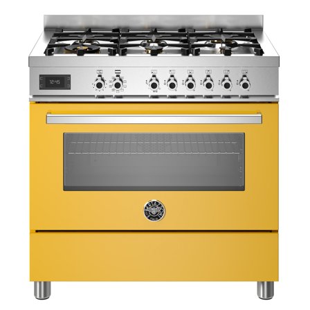 Bertazzoni PRO96L1EGIT Professional gaskomfur med ovn, 90 cm, gul - Gul, ral 1021, pantone 109 c, blank | KitchenOne