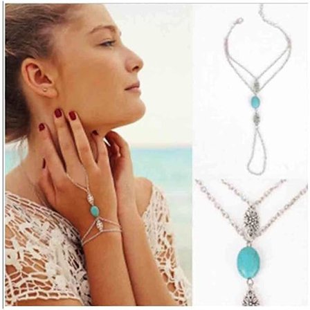 Turkos finger ring armband delikat silver blomma sele bangle kedja vardagsarmband smycke present till kvinnor och flickor