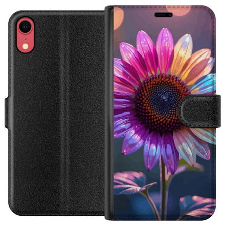 Kompatibelt Lommeboketui til Apple iPhone XR Irideserende blomst med glitrende kronblad i rosa lilla og gull mot myk bokeh bakgrunn