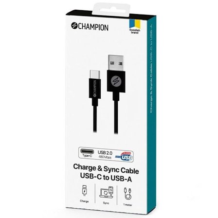CHAMPION USB-C till USB-A kabel 3m - Svart