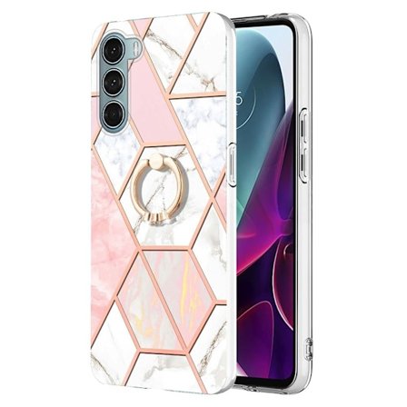 Marble Patterned Suojakuori With Ring Holder For Motorola Moto G200 5G / Edge S30 - Pinkki / Valkoinen