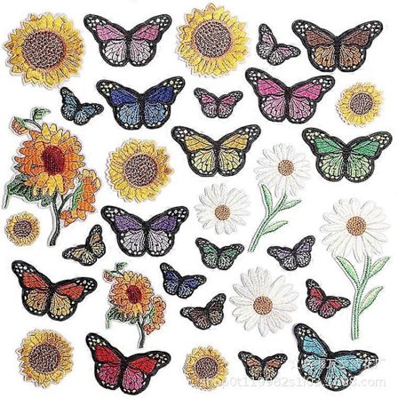 33 Sommerfugl Broderi Merker Klistremerker Solsikker Søte Sydde Dekaler Jeans, Strykeplate Klær, Hatt Vesker Håndverk Sommerfugl, Solsikke, Tusenfryd