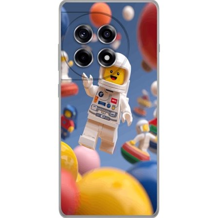 Kompatibelt Mobilskal till OnePlus 12R LEGO-inspirerad astronautfigur i rymden bland färgglada planeter, lekfull 3D-illustration för barnrum, affisc