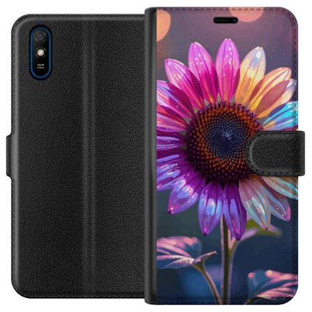 Kompatibelt Lommeboketui til Xiaomi Redmi 9A Irideserende blomst med glitrende kronblad i rosa lilla og gull mot myk bokeh bakgrunn