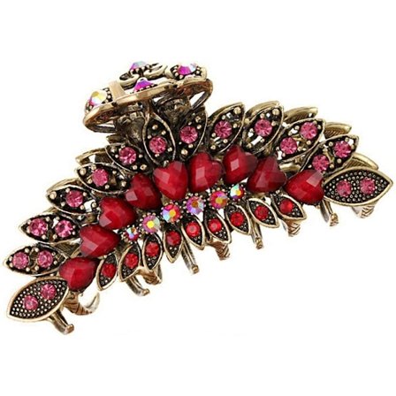 Retro Dame Blomster Hårklemme Vintage Legering Rhinestone Sklisikre Hårklyper Hårnål Stor Hår Opprullingsgrep Badetilbehør Rød Red 4in