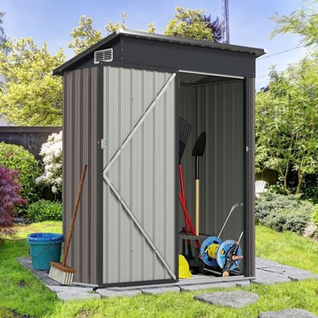 COSTWAY Trädgårdsskjul 1,05 m2 i Galvaniserad Metall, Tak med Lutning och Lås, 4 Handskar, 2 Ventileringshål Ljusgrå
