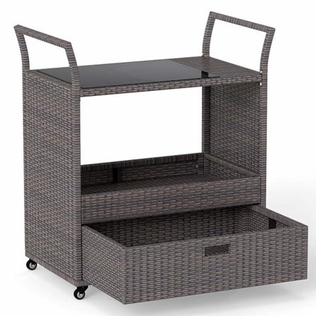 Ulkokäyttöön tarkoitettu rottinkibaarikärry lasikannella ja säilytystilalla