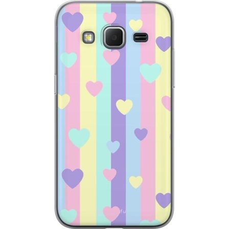 Yhteensopiva Puhelinkuori Samsung Galaxy Core Prime Pastelliraitoja pinkissä, keltaisessa, violetissa ja sinisessä, joissa on hajallaan pehmeitä kawai