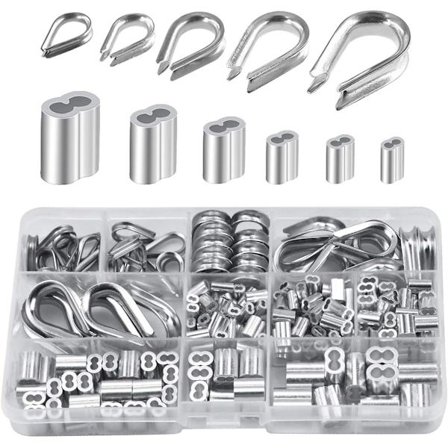 250-pack aluminiumtrådsklämmor i 6 olika storlekar - Assorterade dubbla hylsor och 5 storlekar klämmor för vajer