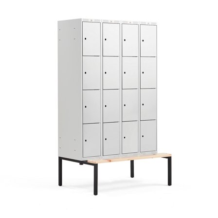Kleiderspind CLASSIC mit Sitzbank, 4 Module/4 Türen, 2120 x 1200 x 550 mm, grau