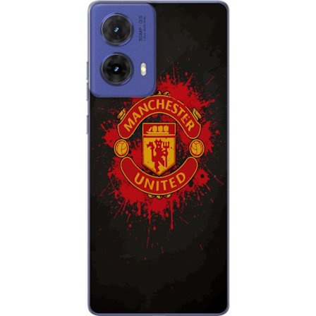 Kompatibelt Mobildeksel til Motorola Motorola Moto G85 Manchester United logo i rød og gul farge med røff sportslig bakgrunn