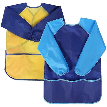 2 stk. Børne Kunst Kittel Småbørn Børn Maling Forplade, Vandtæt Lege Forplade Lange Ærmer (Blå+Gul)