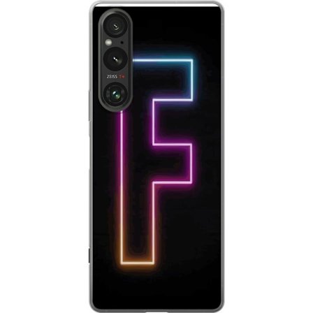 Kompatibelt Mobilskal till Sony Sony Xperia 1 V Neonbokstav F i rosa, blå och gul ljuskanter mot en mörk bakgrund, grafisk bokstavsillustration med