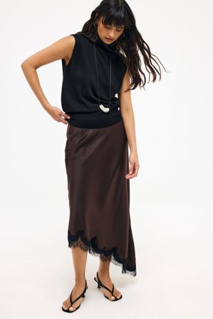 NA-KD Jupe mi-longue en satin et dentelle asymétrique - Jupes en satin - Marron - EU 42