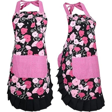 Rosa Petunia Mønstret Forklæde, Rynket Køkkenforklæde med Lommer, Reklame