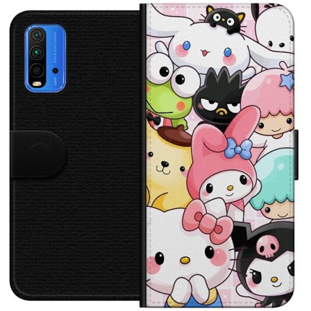 Yhteensopiva Lompakkokotelo Xiaomi Redmi Note 9 4G Tiheä kuvio suloisia hahmoja, joilla on suuret silmät eri väreissä ja ilmeissä LABUBU-tekstillä