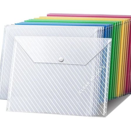 Dokumentmappe A4 - 50 stk. plastlommer med trykknap - farvede kuverter til papir og dokumenter - skole og kontor