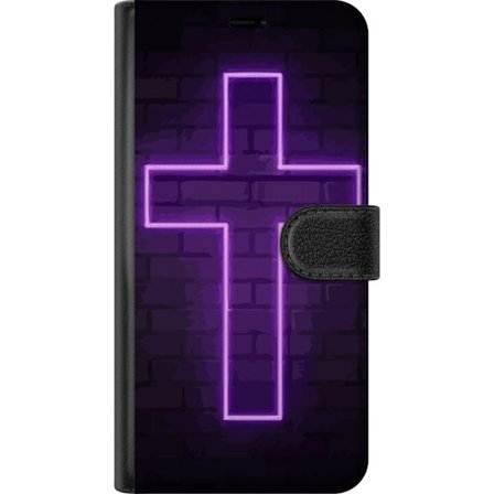 Yhteensopiva Lompakkokotelo OnePlus OnePlus 13 Neonristi purppuranvalossa tummaa tiiliseinää vasten, symbolinen motiivi vahvalla hohto moderni estee