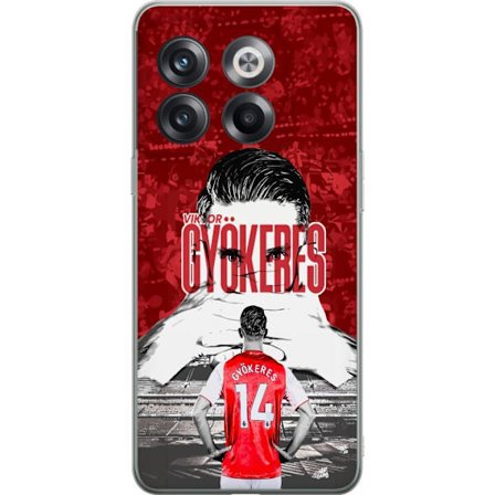 Kompatibelt Mobildeksel til OnePlus 10T Rød dramatisk kollasjebilde med Viktor Gyökeres portrett og spillere fra bak på arenaen