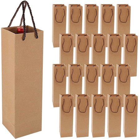 Premium vingåva påsar med handtag, 20 kraftpappersvinpåsar för förvaring av vin till jul, bröllop, fest (brun)