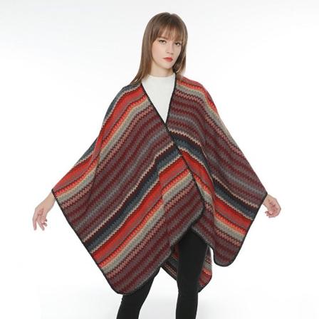 Varm sjal halsduk Öppen front poncho vinterkofta med geometriskt mönster för dam