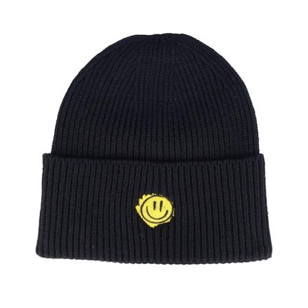 Lucid Smile - Černá cuff Beanie - Trippy Smiley Black Recycled Oversized Cuff @ Hatstore