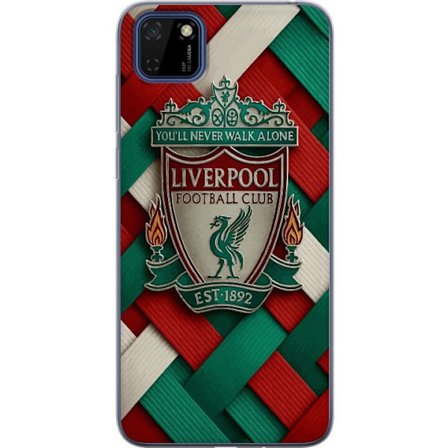 Yhteensopiva Puhelinkuori Huawei Huawei Y5p Liverpool Football Clubin tunnus, jossa You'll Never Walk Alone voimakkaassa graafisessa suunnittelussa in