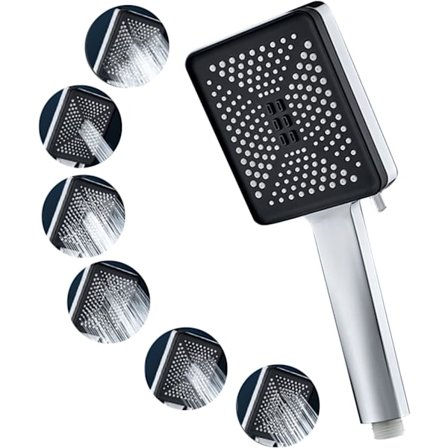 (Sort) Massageshower med 6 spraytilstande, Firkantet brusehoved, Stor vandbesparende brusehoved med højt tryk, Vandbesparende brusehoved med 
