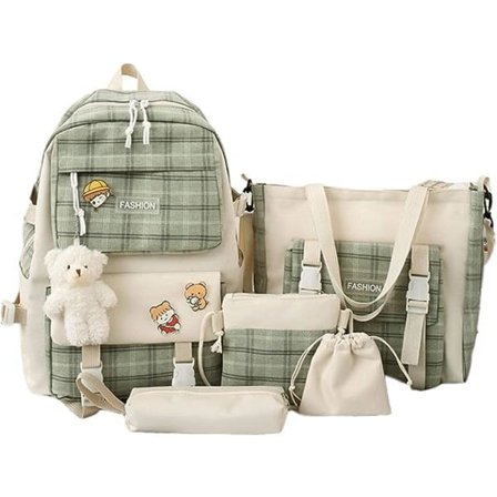 IC 5 stk Canvas Skolryggsekk Combo Sett med Kawaii Bjørn Henge Søte Pins Rutete Rutete Håndtak Skulder Stoffveske Skoleveske