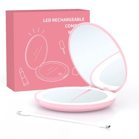 Kompakt Spejl med LED-Lys, Forstørrende Genopladeligt Spejl, Dæmpbart Rejsespejl til Håndtaske, Lomme, Håndholdt 2-Sidet Makeupspejl Hvid