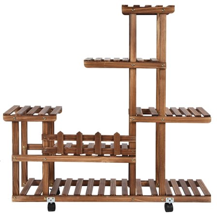 Plantehylle i tre med hjul Blomsterpotte Hylle Utstillingsstativ for innendørs utendørs hage