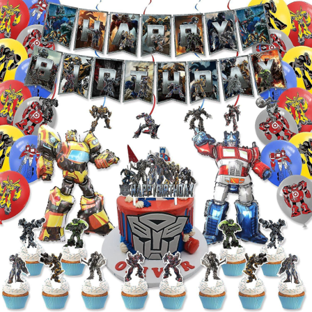 Transformers tema Grattis på födelsedagen ballonger kit latex ballonger med flagga och tårt toppers för festdekoration