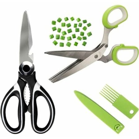 Multifunktionelle køkkensakse til at skære kylling, fjerkræ, fisk og kød, 5-bladede sakse til krydderurter med rengøringsbørste