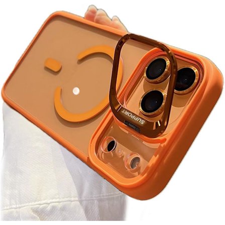 iPhone 17 Pro Max Magnetiskt Skal med Ställ, Kompatibelt med Inbyggt Förvaringsställ, Genomskinligt Stötsäkert Mjukt Skal Kameralins,Orange