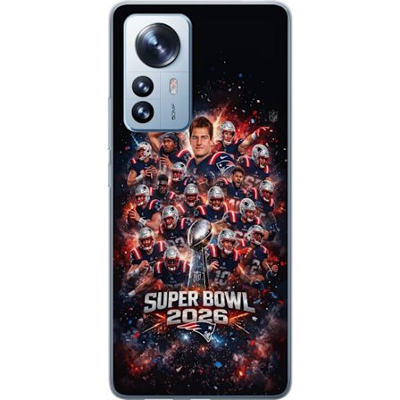 Yhteensopiva Puhelinkuori Xiaomi 12 Pro Super Bowl 2026 juliste, jossa New England Patriots ja NFL-mestaruuspalkinto räjähtävän urheilullisessa suunni