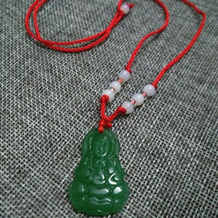 Jade Hängande Halsband Handvävt Lotus Guanyin Buddha Berlock L