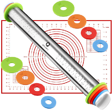 Kagerulle med tykkelsesringe, med rullematte - 43 cm stor dejrulle i rustfrit stål til pizzatærter, bagværk og småkager