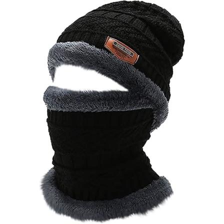 Vinterlue for menn og kvinner Skjerfsett,fleecelue skjerfsett,fleeceforet vinterlue Halsvarmer for menn og kvinner Black