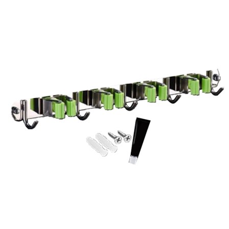 Vægmonteret moppe- og kosteholder i rustfrit stål med 4 clips og 5 kroge, grøn