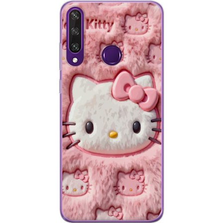 Kompatibelt Mobildeksel til Huawei Y6p Hello Kitty rosa fluffy bakgrunn med ikoniskt ansikt og kawaii-estetikk