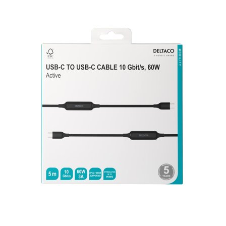 Deltaco USB-C C-C active cable, 10Gbps, 3A, 5m