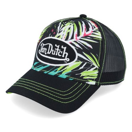 Von Dutch - Svart trucker Keps - Oval Patch Black/Tropical Print Trucker @ Hatstore