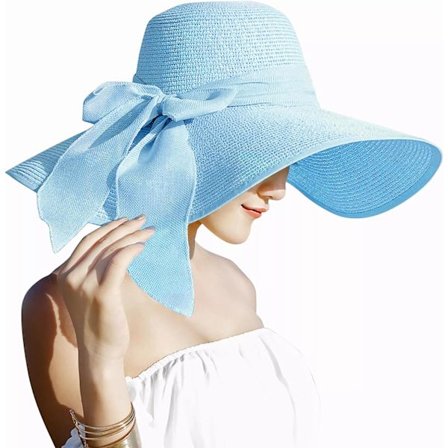 Dame 5,5 tommers stor sløyfe stråhatt stor floppy sammenleggbar rull opp strandlue solhatt UPF 50+