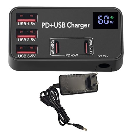 USB laddare, 60W 5-portars USB laddningsstation för stationär dator med 3x USB port + 2x Type-C-port AC100-240V 50/60Hz breda spänningar
